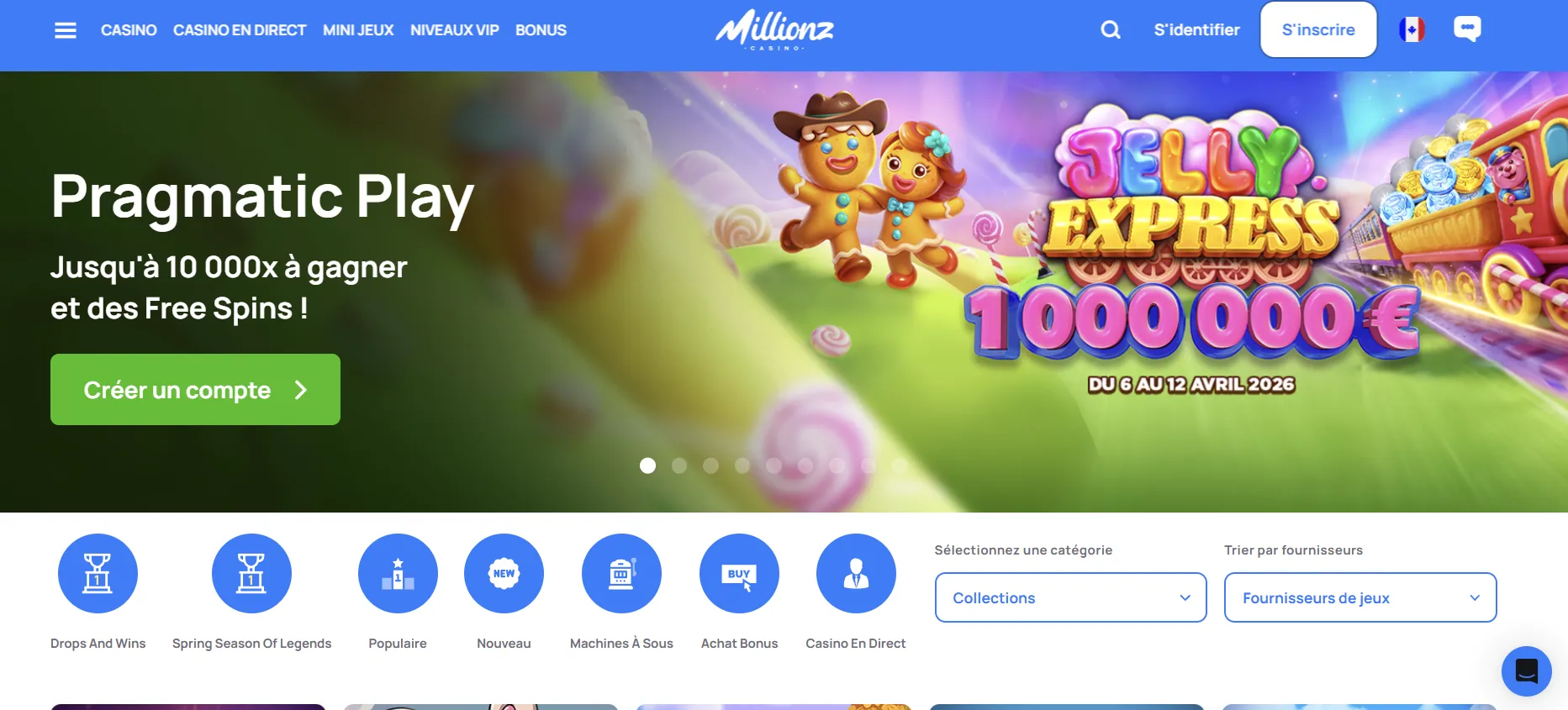 Interface de Millionz Casino avec les catégories de jeux et les filtres de recherche
