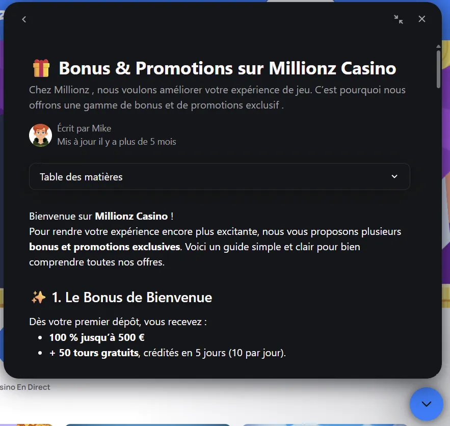 Fenêtre de messagerie instantanée du service client de Millionz Casino